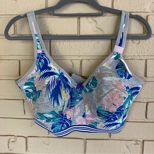 Cacique Bra 38H Unlined Full Coverage No Wire Gray Tropical Floral Wireless NEW